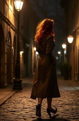 A woman with vibrant red curls, gracefully walking along a dimly lit street at night