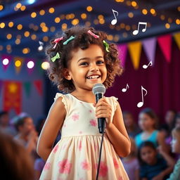 A delightful scene of an 8-year-old girl singing joyfully on stage