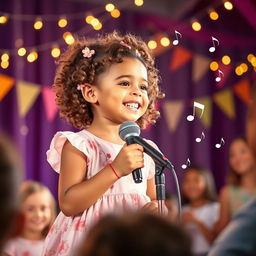 A delightful scene of an 8-year-old girl singing joyfully on stage