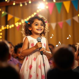 A delightful scene of an 8-year-old girl singing joyfully on stage