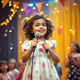 A delightful scene of an 8-year-old girl singing joyfully on stage