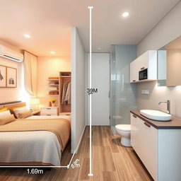A beautifully designed environment measuring 6 meters long by 3 meters wide, divided into two distinct spaces: one side features a cozy bedroom adorned with a stylish bed, plush bedding, and a well-organized closet