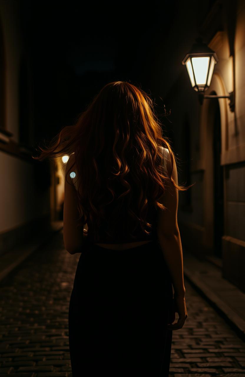 A woman with long, flowing red curls walking gracefully down a dimly lit street at night