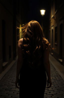 A woman with long, flowing red curls walking gracefully down a dimly lit street at night