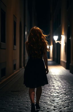 A woman with long, flowing red curls walking gracefully down a dimly lit street at night