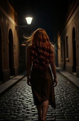 A woman with long, flowing red curls walking gracefully down a dimly lit street at night