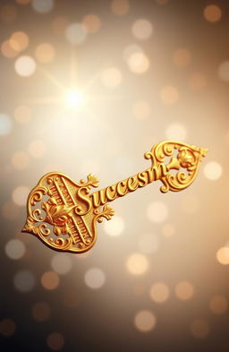 A beautifully stylized depiction of a golden key symbolizing success, intricately designed with ornate patterns and embellishments, set against a soft-focus background of shimmering light and glowing stars