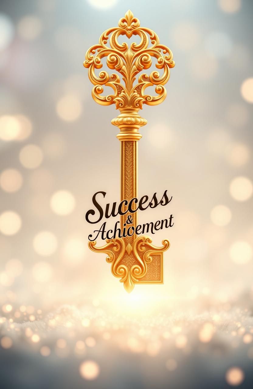 A beautifully stylized depiction of a golden key symbolizing success, intricately designed with ornate patterns and embellishments, set against a soft-focus background of shimmering light and glowing stars