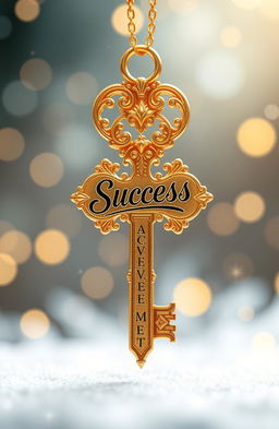 A beautifully stylized depiction of a golden key symbolizing success, intricately designed with ornate patterns and embellishments, set against a soft-focus background of shimmering light and glowing stars