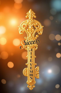 A beautifully stylized depiction of a golden key symbolizing success, intricately designed with ornate patterns and embellishments, set against a soft-focus background of shimmering light and glowing stars