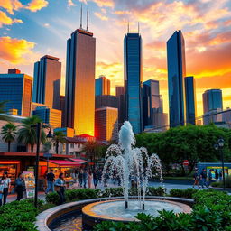 A realistic recreation of a vibrant city skyline at sunset, with tall, modern skyscrapers reflecting the golden hues of the setting sun