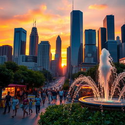 A realistic recreation of a vibrant city skyline at sunset, with tall, modern skyscrapers reflecting the golden hues of the setting sun