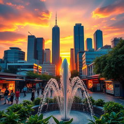A realistic recreation of a vibrant city skyline at sunset, with tall, modern skyscrapers reflecting the golden hues of the setting sun