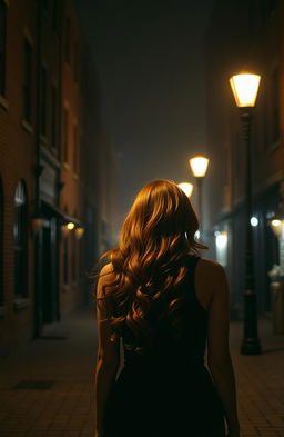 A captivating scene depicting the back of a woman with long, flowing red curls walking down a dimly lit street at night