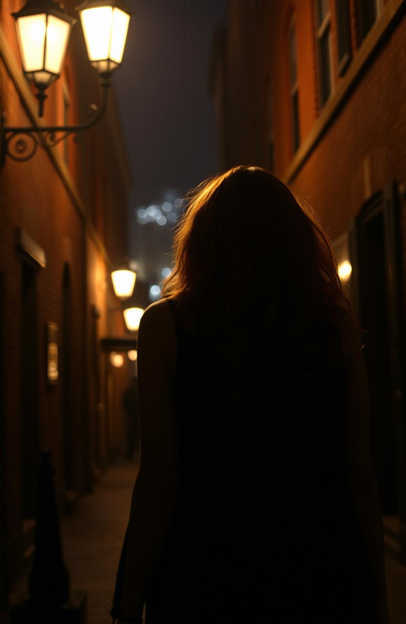 A captivating scene depicting the back of a woman with long, flowing red curls walking down a dimly lit street at night