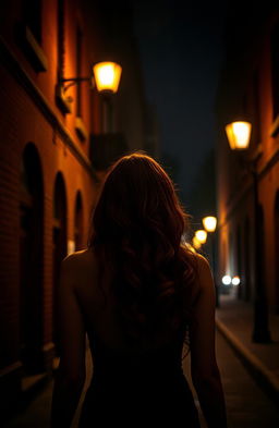 A captivating scene depicting the back of a woman with long, flowing red curls walking down a dimly lit street at night