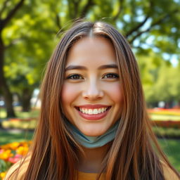A vibrant portrait of a smiling person with long flowing hair, their face fully visible and without a mask