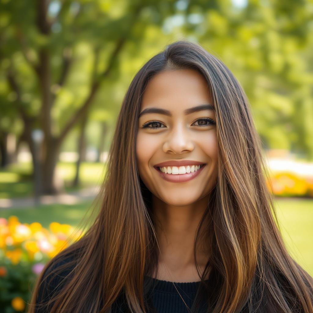 A vibrant portrait of a smiling person with long flowing hair, their face fully visible and without a mask