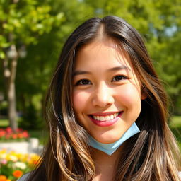A vibrant portrait of a smiling person with long flowing hair, their face fully visible and without a mask