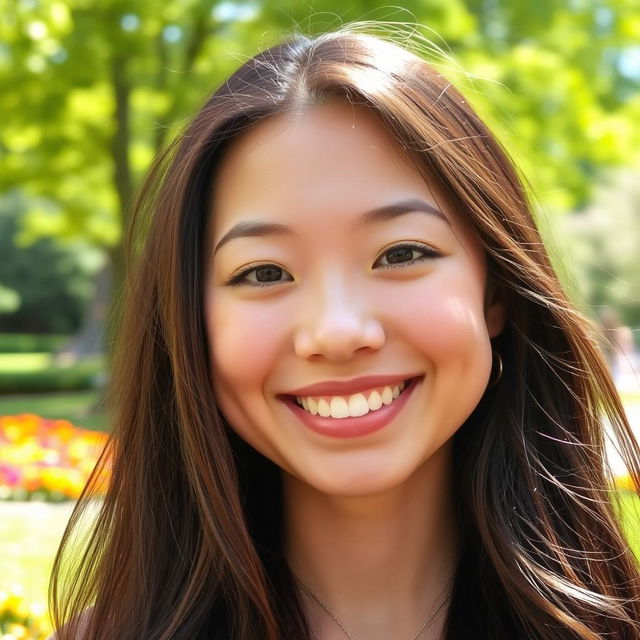 A vibrant portrait of a smiling person with long flowing hair, their face fully visible and without a mask