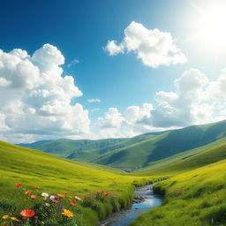 A highly realistic and detailed rendering of a serene landscape featuring lush green hills under a bright blue sky dotted with fluffy white clouds