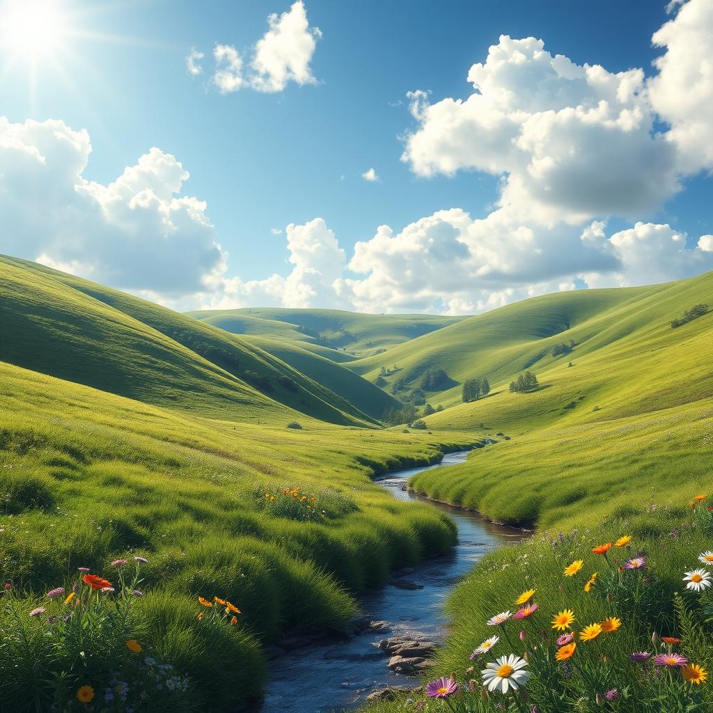 A highly realistic and detailed rendering of a serene landscape featuring lush green hills under a bright blue sky dotted with fluffy white clouds