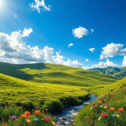 A highly realistic and detailed rendering of a serene landscape featuring lush green hills under a bright blue sky dotted with fluffy white clouds