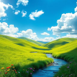 A highly realistic and detailed rendering of a serene landscape featuring lush green hills under a bright blue sky dotted with fluffy white clouds