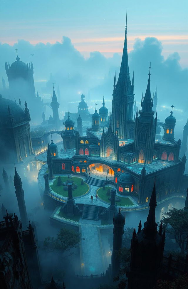 A vast, enchanting city encircled by a shimmering magical barrier that glows softly in various hues, while an ethereal fog silently creeps just outside the boundary