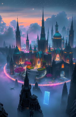 A vast, enchanting city encircled by a shimmering magical barrier that glows softly in various hues, while an ethereal fog silently creeps just outside the boundary