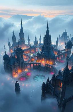 A vast, enchanting city encircled by a shimmering magical barrier that glows softly in various hues, while an ethereal fog silently creeps just outside the boundary