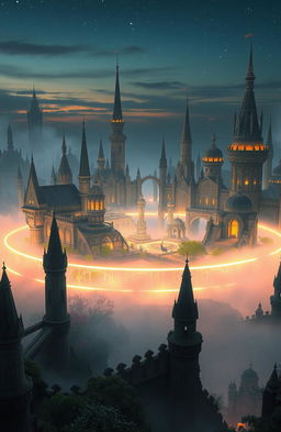 A vast, enchanting city encircled by a shimmering magical barrier that glows softly in various hues, while an ethereal fog silently creeps just outside the boundary
