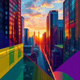 an abstract representation of perspective, showcasing a vibrant cityscape viewed from a high vantage point, with various geometric shapes and lines leading towards a vanishing point, rich colors reflecting in the glass facades of skyscrapers, the sun setting in the background casting warm glows, and a sense of depth and three-dimensionality emphasizing the concept of perspective