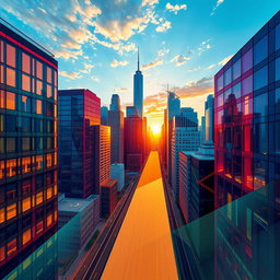 an abstract representation of perspective, showcasing a vibrant cityscape viewed from a high vantage point, with various geometric shapes and lines leading towards a vanishing point, rich colors reflecting in the glass facades of skyscrapers, the sun setting in the background casting warm glows, and a sense of depth and three-dimensionality emphasizing the concept of perspective