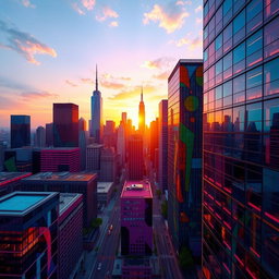 an abstract representation of perspective, showcasing a vibrant cityscape viewed from a high vantage point, with various geometric shapes and lines leading towards a vanishing point, rich colors reflecting in the glass facades of skyscrapers, the sun setting in the background casting warm glows, and a sense of depth and three-dimensionality emphasizing the concept of perspective