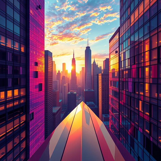 an abstract representation of perspective, showcasing a vibrant cityscape viewed from a high vantage point, with various geometric shapes and lines leading towards a vanishing point, rich colors reflecting in the glass facades of skyscrapers, the sun setting in the background casting warm glows, and a sense of depth and three-dimensionality emphasizing the concept of perspective