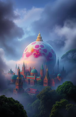 A vibrant city encased within a shimmering magical dome, reflecting a kaleidoscope of colors