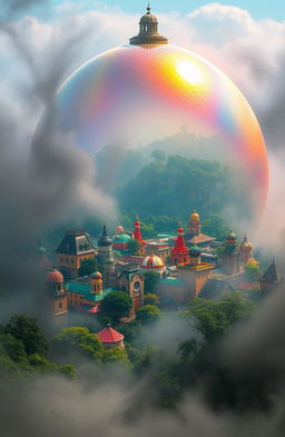A vibrant city encased within a shimmering magical dome, reflecting a kaleidoscope of colors