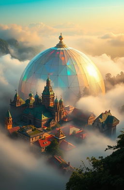 A vibrant city encased within a shimmering magical dome, reflecting a kaleidoscope of colors