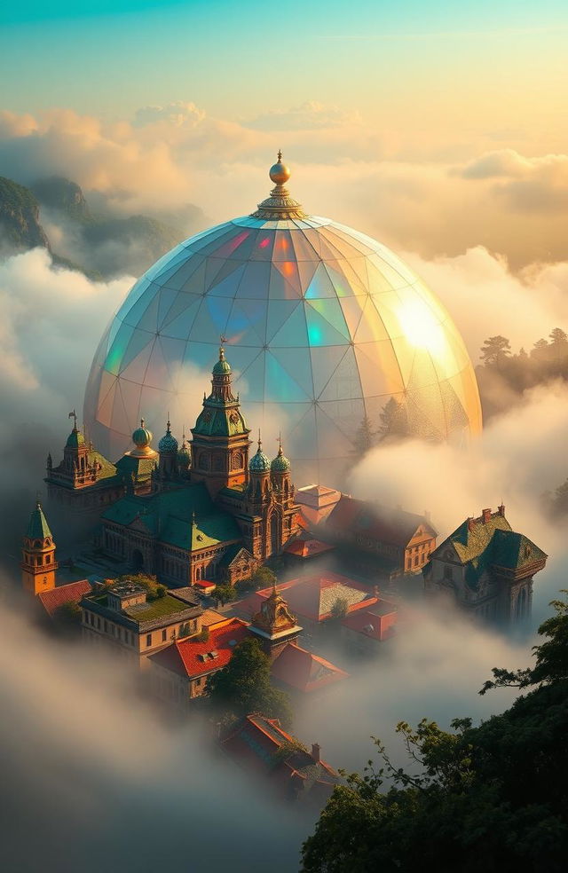 A vibrant city encased within a shimmering magical dome, reflecting a kaleidoscope of colors