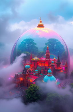 A vibrant city encased within a shimmering magical dome, reflecting a kaleidoscope of colors