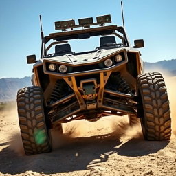 A rugged military buggy called Dracarys, painted in a camouflage pattern, roaring through a dusty off-road terrain