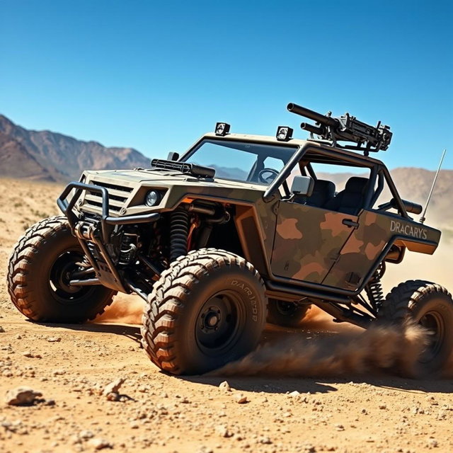 A rugged military buggy called Dracarys, painted in a camouflage pattern, roaring through a dusty off-road terrain