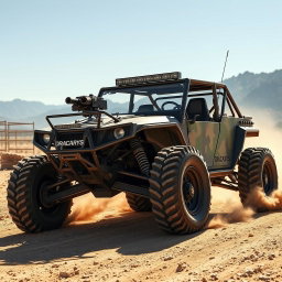 A rugged military buggy called Dracarys, painted in a camouflage pattern, roaring through a dusty off-road terrain