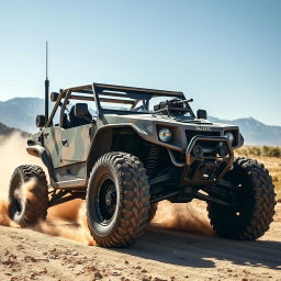 A rugged military buggy called Dracarys, painted in a camouflage pattern, roaring through a dusty off-road terrain