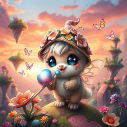 A whimsical character named Brucelli, depicted in a vibrant and colorful fantasy setting filled with floating islands and magical plants