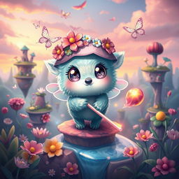 A whimsical character named Brucelli, depicted in a vibrant and colorful fantasy setting filled with floating islands and magical plants