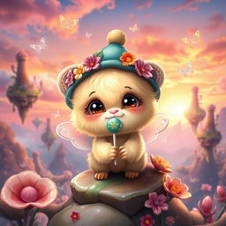 A whimsical character named Brucelli, depicted in a vibrant and colorful fantasy setting filled with floating islands and magical plants