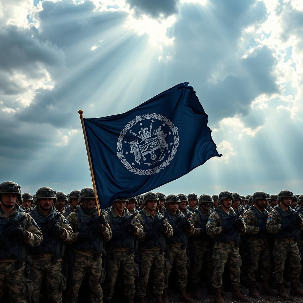 A formidable army lined up on a battlefield, soldiers in tactical gear displaying a navy blue flag with a detailed emblem