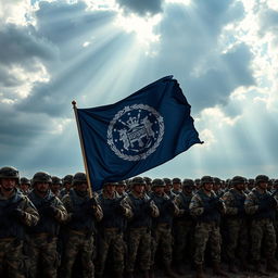 A formidable army lined up on a battlefield, soldiers in tactical gear displaying a navy blue flag with a detailed emblem